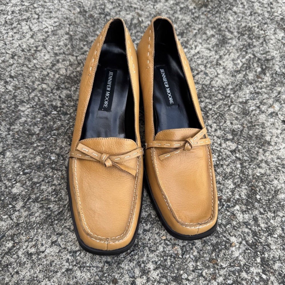 Jennifer Moore Mansfield Tan Leather Loafers Women's Sz 9.5 Block Heel Bow - Picture 2 of 10